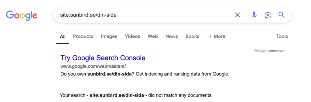 Kolla indexering med site: sökning
