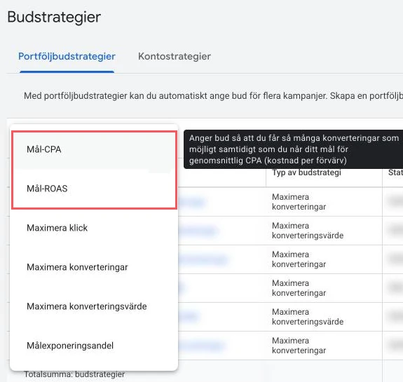 Listan med budstrategier i Google Ads: Mål-CPA, Mål-ROAS, Maximera klick, Maximera konverteringar, Maximera konverteringsvärde och Målexponeringsandel
